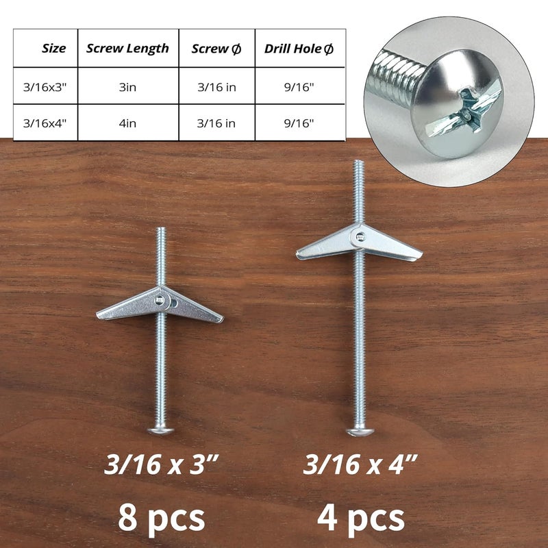 HASWARE Toggle Bolt Zinc Plated Steel and Wing Nut for Hanging Heavy Items on Drywall 3/16 Multi (12 Pack) - Image 2